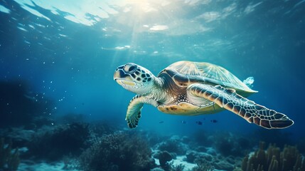 A hawksbill turtle submerged in the ocean, with text copyspace - obrazy, fototapety, plakaty