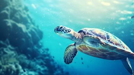 A hawksbill turtle submerged in the ocean, with text copyspace - obrazy, fototapety, plakaty