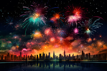 Fototapeta na wymiar Cityscape with fireworks at night, New Year's Eve, vector illustration