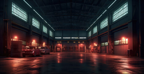 Fototapeta premium Old factory building lights up at night