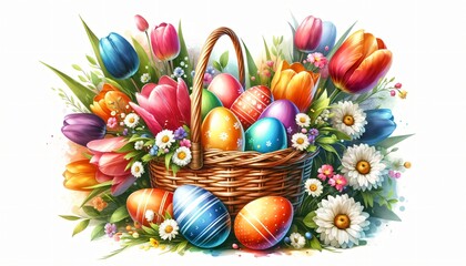 Fototapeta na wymiar Lush Easter basket with richly colored eggs amid a burst of spring tulips and daisies. A festive and bright composition. Perfect for festive design, print, or card. Vibrant watercolor illustration