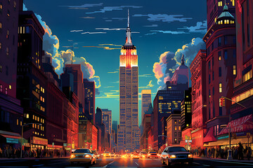 New York City street scene with skyscrapers and traffic. Vector illustration - obrazy, fototapety, plakaty