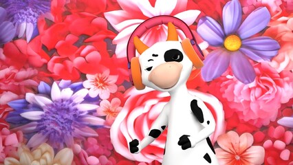 funny cow listening to music with headphones, flowers mode, fantasy, 3D render