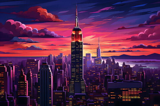 New York City street scene with skyscrapers and traffic. Vector illustration