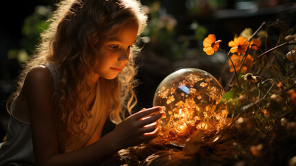 Naklejka premium Little girls playing with vintage lantern with some magic lights