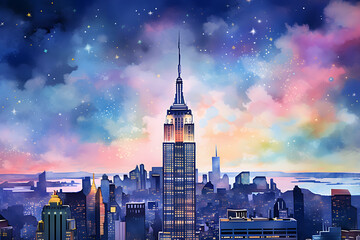 Illustration of New York City skyline with skyscrapers at night - obrazy, fototapety, plakaty