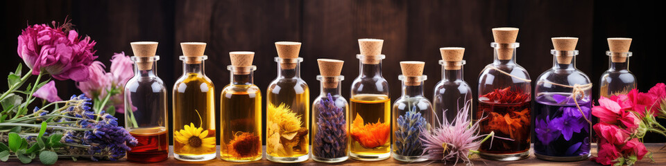 Natural floral and herbal perfume, a row of perfume bottles placed on the table