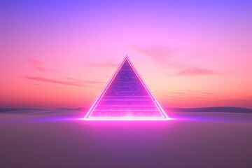 Neon pink pyramid background on desert