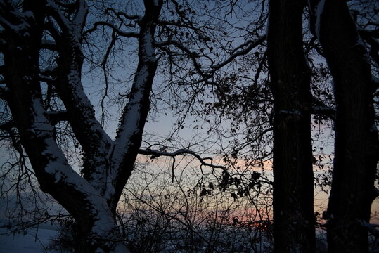 Stimmungsvoller Sonnenuntergang am kalten Winterabend nach dem ersten Schnee
