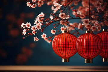 Obraz premium chinese new year lanterns, chinese new year dragon, fireworks in the city, wallpaper and social media background for china newyears festival