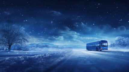 The winter night bus with copy space - obrazy, fototapety, plakaty