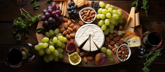 Cheese plate for Shavuot with various cheeses, olives, fruits, and a glass of white wine, seen from above.