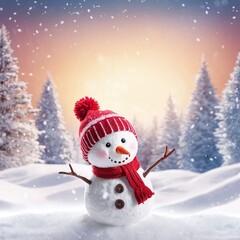 Happy snowman in the woods