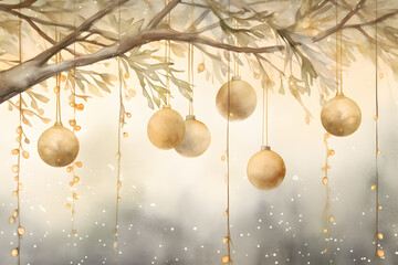 Christmas background with christmas tree branches, garland and golden balls
