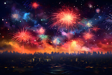 Fototapeta na wymiar Cityscape with fireworks on the background of the night sky, vector illustration