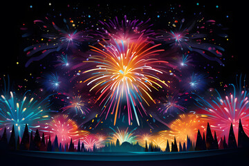 Fototapeta na wymiar Cityscape with fireworks on the background of the night sky, vector illustration