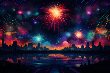 Cityscape with fireworks on the background of the night sky, vector illustration