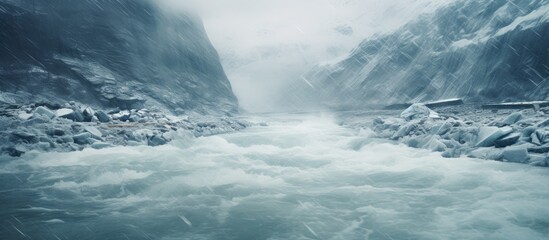 Fototapeta premium Dangerous human actions cause melting glaciers and rising river levels; hipster filter.