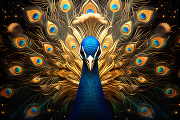 Peacock in fantasy landscape. 3D illustration. Vintage style.