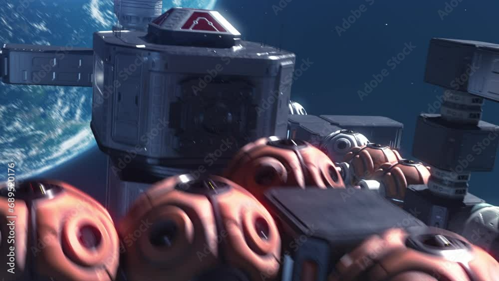 Wall mural a modular spacecraft flying in space orbiting a planet
