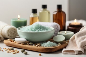 Close-up of spa supplies, body scrub, massage and essential oils, candles on a white background.