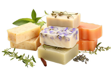 Organic natural soap bars with plants extracts, handmade soaps isolated on white background