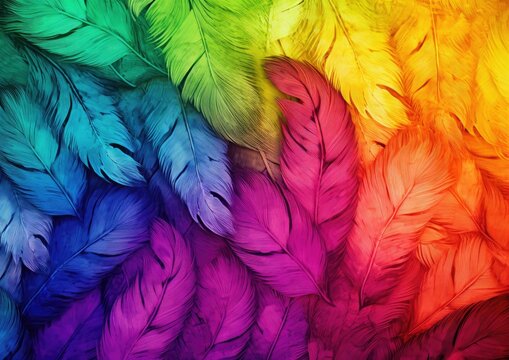 Rainbow feathers background. Generative AI.