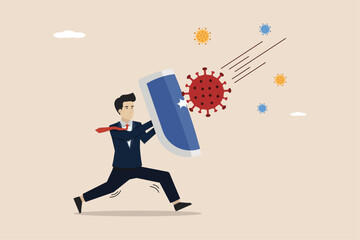 Defending the economy from the COVID-19 coronavirus crisis, post-pandemic concept, investors, entrepreneurs defending the economy from attacks by the coronavirus pathogen using shields.