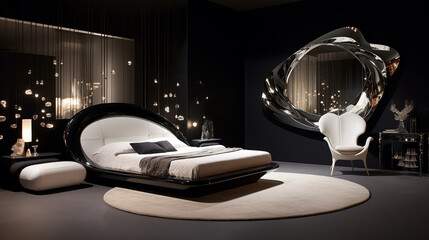 Bedroom modern silver oval mirror white bed black wall