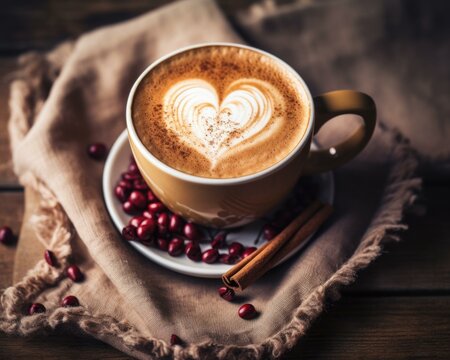 Coffee with heart shape on the table. Generative AI.