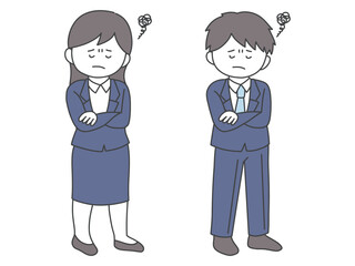 腕を組んで悩む男女の全身イラスト