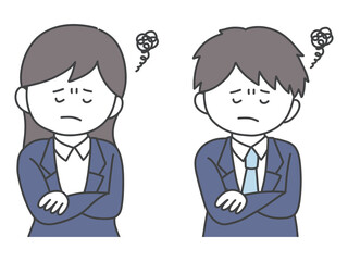腕を組んで悩む男女の上半身イラスト