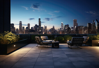 Obraz premium Outdoor leisure space with tables, chairs and sofas in front of large city background
