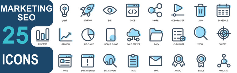 marketing and seo icon set, lineal color style.suitable for websites and apps