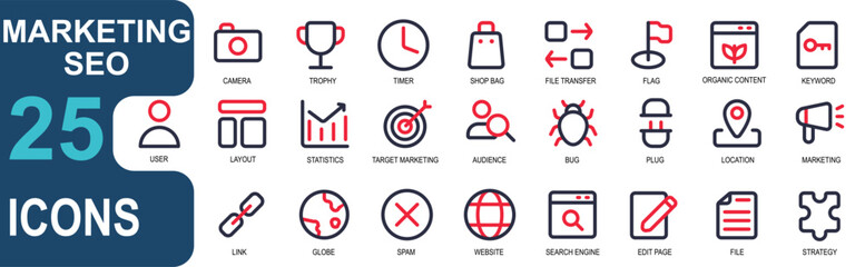 marketing SEO icon set.announcement,link,globe,world,cancel,spam,website,internet,search,edit,file,strategy,puzzle.color line icon set.good vector for web and app - obrazy, fototapety, plakaty