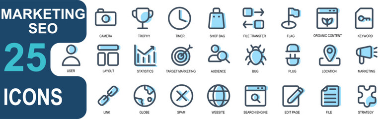 marketing and seo icon set, lineal color style, suitable for websites and apps