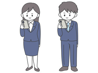 笑顔でジャンプするスーツ姿の若い男女