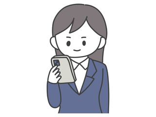 スマホをいじる若いスーツ姿の男女の上半身