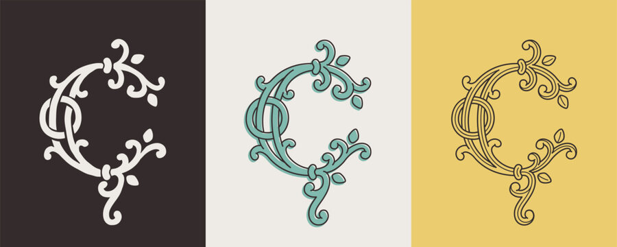 Celtic C monograms set. Insular style initial with authentic knots and interwoven cords. British, Irish, or Saxons overlapping monogram.