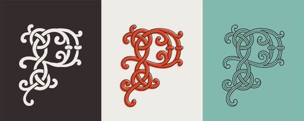 Celtic P monograms set. Insular style initial with authentic knots and interwoven cords. British, Irish, or Saxons overlapping monogram. - obrazy, fototapety, plakaty