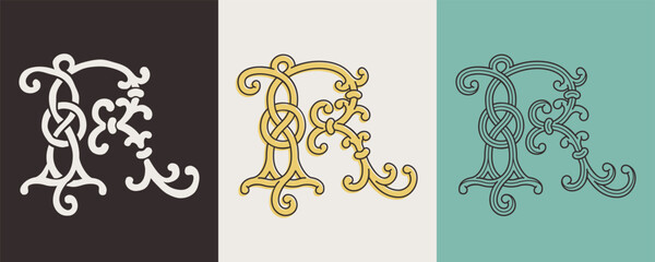 Celtic R monograms set. Insular style initial with authentic knots and interwoven cords. British, Irish, or Saxons overlapping monogram. - obrazy, fototapety, plakaty