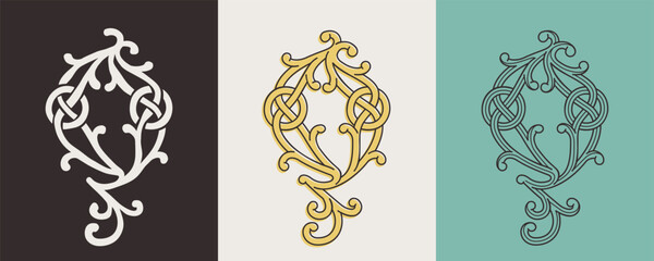Fototapeta premium Celtic Q monograms set. Insular style initial with authentic knots and interwoven cords. British, Irish, or Saxons overlapping monogram.