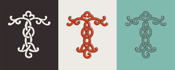 Celtic T monograms set. Insular style initial with authentic knots and interwoven cords. British, Irish, or Saxons overlapping monogram.