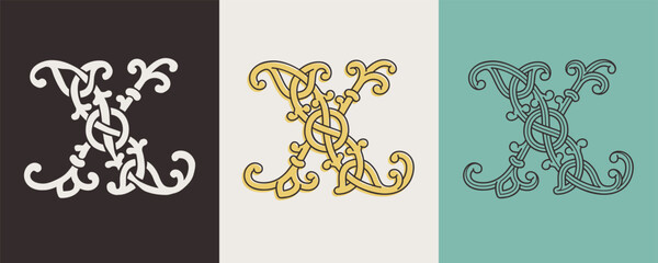 Celtic X monograms set. Insular style initial with authentic knots and interwoven cords. British, Irish, or Saxons overlapping monogram.