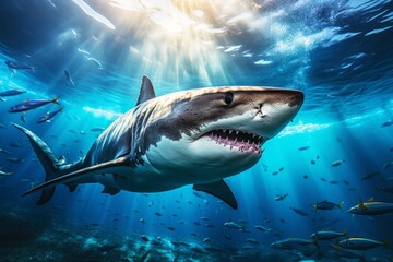 Great white shark in a stunning underwater of open ocean. The enigmatic beauty of oceanic life....