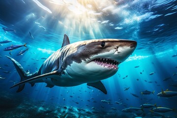 Great white shark in a stunning underwater of open ocean. The enigmatic beauty of oceanic life. Natural background with beautiful lighting
