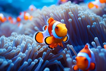 Fototapeta na wymiar Clownfish and anemone in a stunning underwater of open ocean. The enigmatic beauty of oceanic life. Natural background with beautiful lighting 