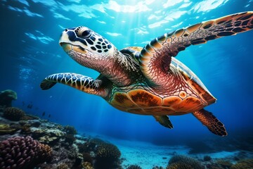 Obraz na płótnie Canvas Sea turtle in a stunning underwater of open ocean. The enigmatic beauty of oceanic life. Natural background with beautiful lighting 