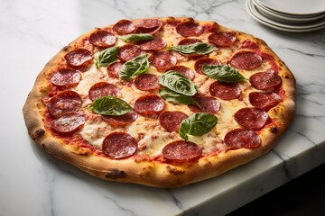 A classic pepperoni pizza on a marble counter, succulent toppings and soft, subtle shadows