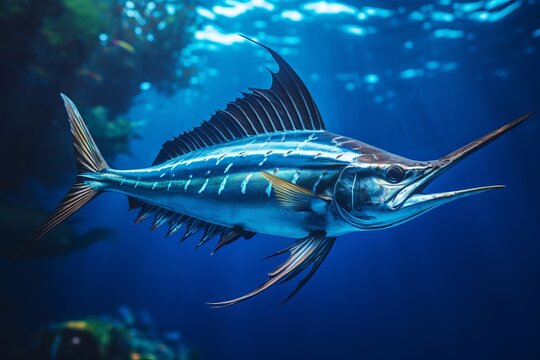 Swordfish in a stunning underwater of open ocean. The enigmatic beauty of oceanic life. Natural background with beautiful lighting
